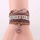 Infinity Border Collie Leather Wrap Charm Bracelet