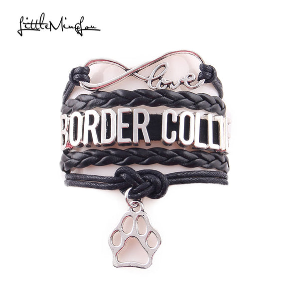 Infinity Border Collie Leather Wrap Charm Bracelet