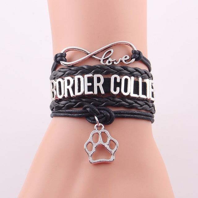 Infinity Border Collie Leather Wrap Charm Bracelet